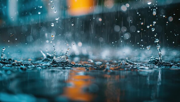 Closeup of rain drops splashing in in a puddle Rainy season Autumn in a city macro melancholic mood