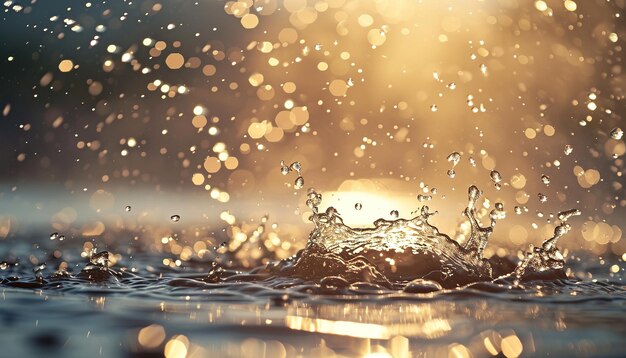 Closeup of rain drops splashing in in a puddle Rainy season Autumn in a city macro melancholic mood