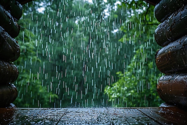 Photo closeup of rain pouring down on the roof with trees in the background the photo was taken from ins