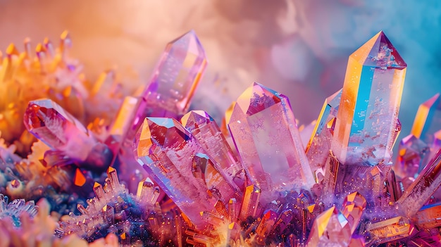 Closeup of rainbow colored crystals with a colorful and dreamy background