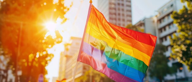 Closeup of rainbow flag pride parade city skyline warm sunny background celebrating crowd