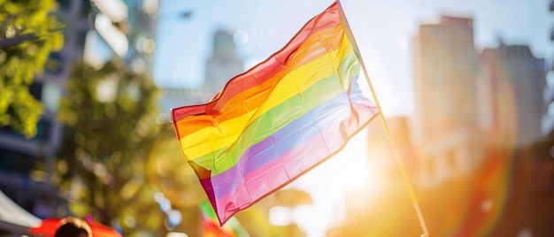 Closeup of rainbow flag pride parade diverse crowd sunny cityscape