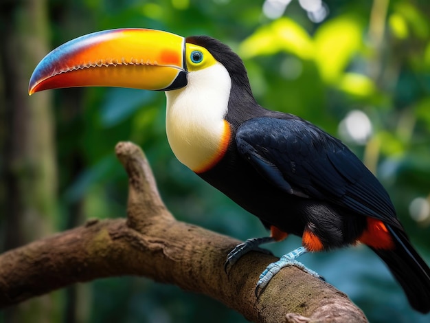 Closeup of a rainbowbilled toucan on a tree