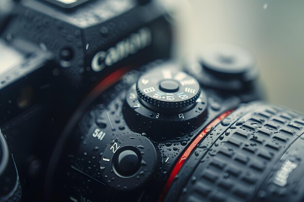 Photo closeup of a raindrenched camera with detailed controls and textures