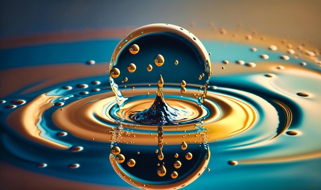 A closeup of a raindrop splashing in a puddle creating ripples and reflections