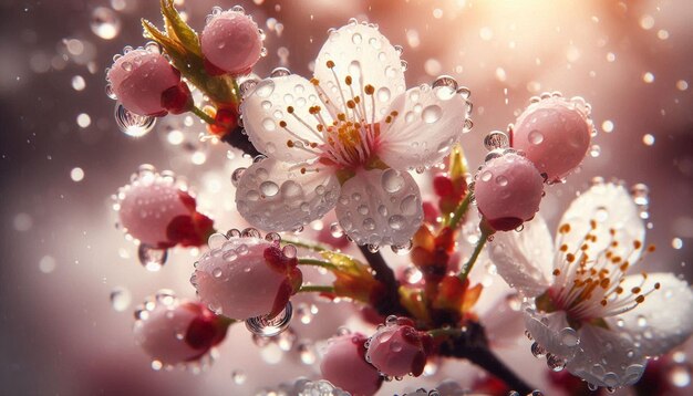 Photo closeup of raindrops on blossoming cherry tree capturing the refreshing essence of spring rain in