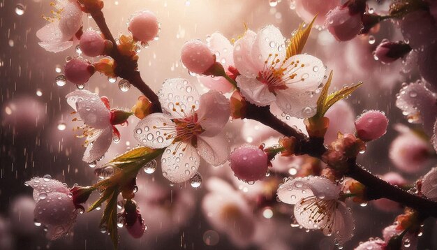 Photo closeup of raindrops on blossoming cherry tree capturing the refreshing essence of spring rain in