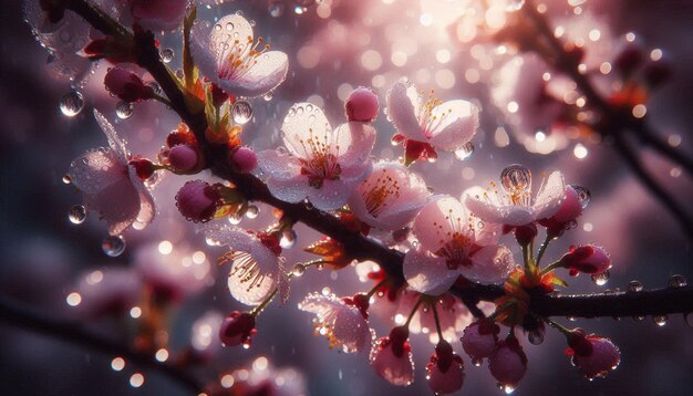 Photo closeup of raindrops on blossoming cherry tree capturing the refreshing essence of spring rain in