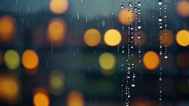 Closeup of raindrops on a window creating a blurred and atmospheric effect