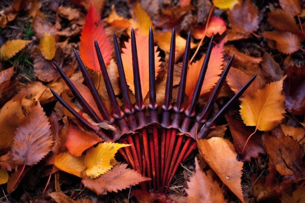 Closeup of rake tines gathering vibrant fall leaves created with generative ai