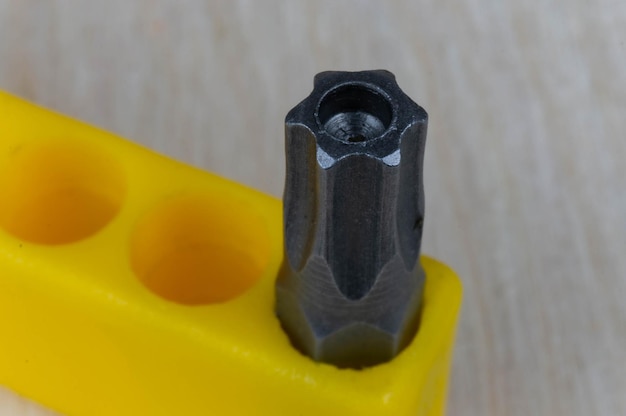 Closeup of a rare torx with hole type screwdriver bit