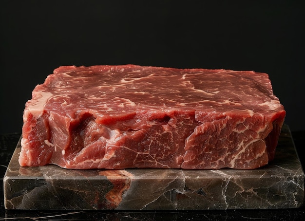 A closeup of a raw steaklike cut of meat on display