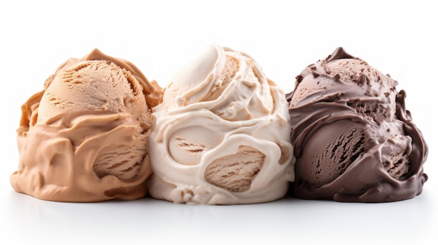 Closeup realistic photo of three scoops of hazelnut gelato on a white background Generative AI