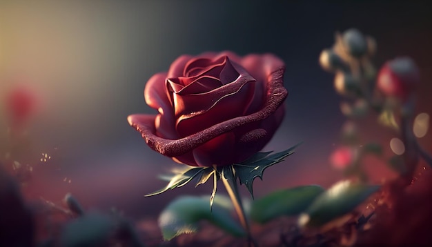 Closeup of realistic red rose with red blurred background Generative AI