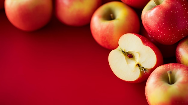 Photo closeup of red apples with one sliced in half on a red background