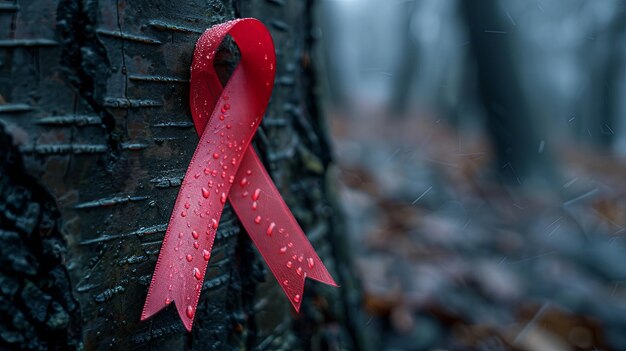 A closeup of a red awareness ribbon on a tree symbolizing the global impact of Hepatitis World Hepatitis Day