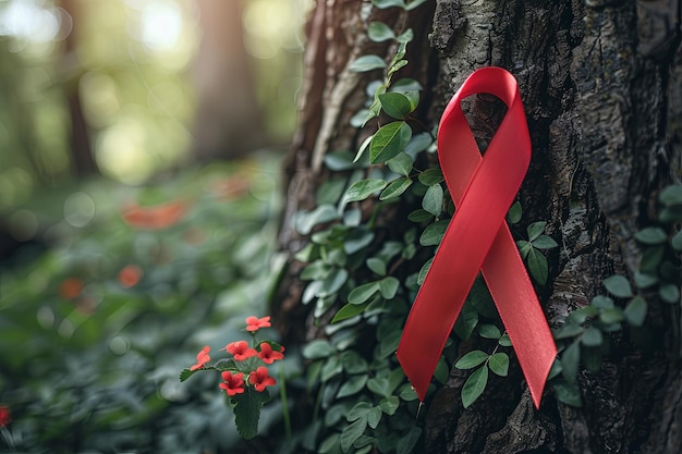 A closeup of a red awareness ribbon on a tree symbolizing the global impact of Hepatitis World Hepatitis Day