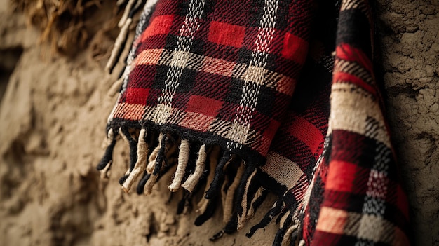 Photo a closeup of a red and black plaid blanket draped against a textured wall