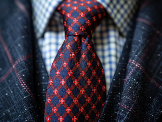 Photo closeup of a red and blue floral pattern necktie on a plaid suit