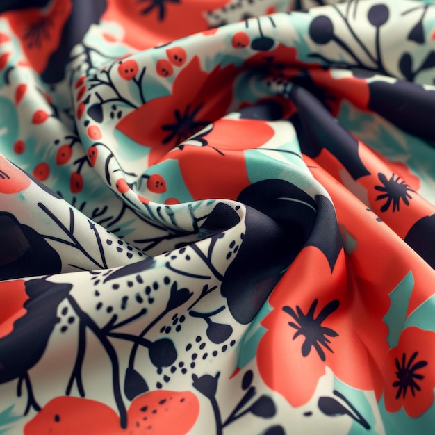 Photo closeup of red and blue flowered fabric vibrant floral pattern in stunning colors