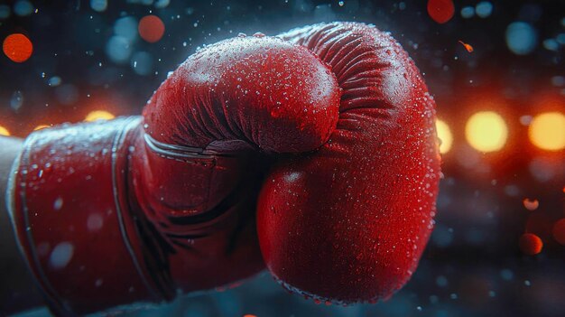 Closeup of a red boxing glove wet with droplets showcasing strength and power in the ring