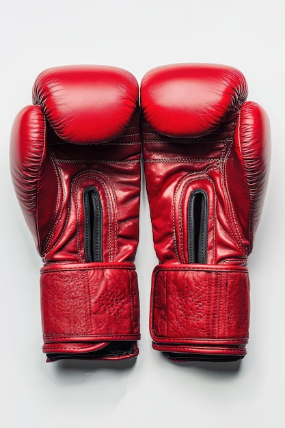 A closeup of red boxing gloves side by side isolated on a clean white background