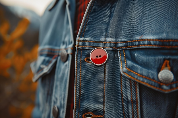 Closeup of a red button pin on a denim jacket