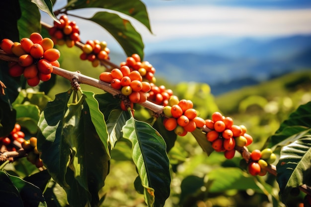 Closeup red cherry coffee beans on the branch of coffee plant