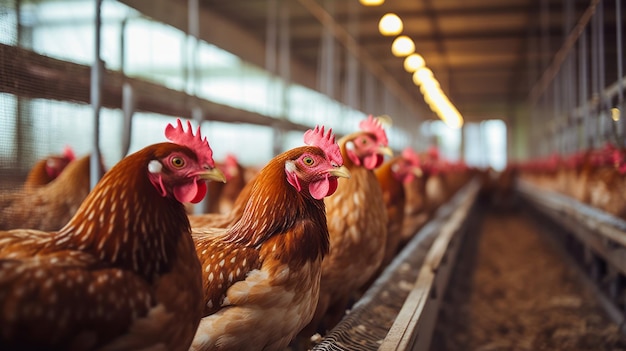 Closeup of red chickens in cages of an industrial farm Egg production poultry farm