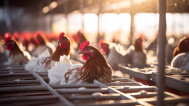 Closeup of red chickens in cages of an industrial farm Egg production poultry farm