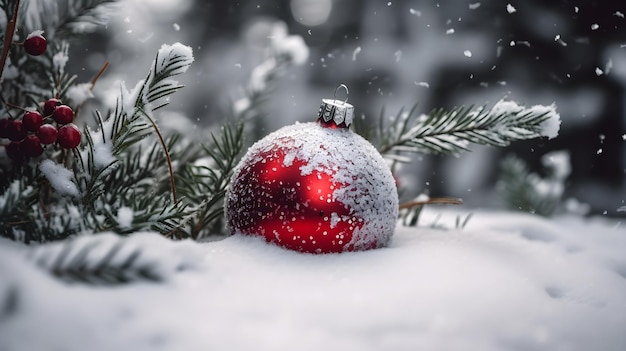 closeup of red christmas ball on snow