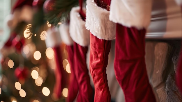 Photo closeup of red christmas stockings hanging by the fireplace with festive holiday lights in the background