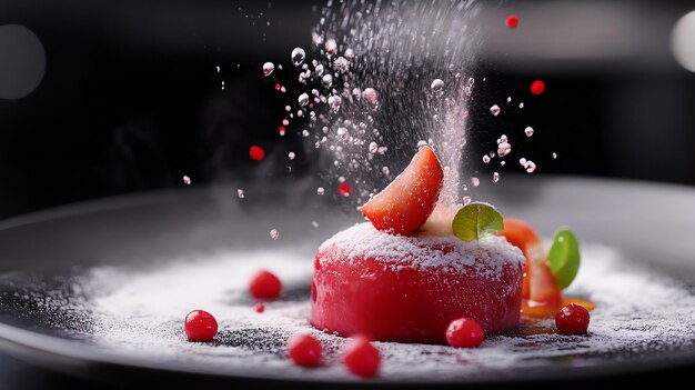 Photo a closeup of a red dessert topped with a strawberry and powdered sugar