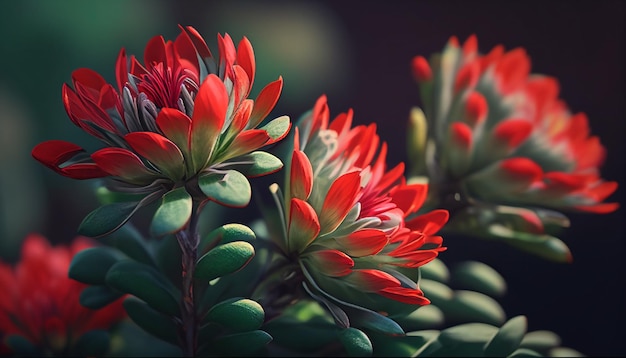 Closeup of red flowers with a blurred green background Generative AI