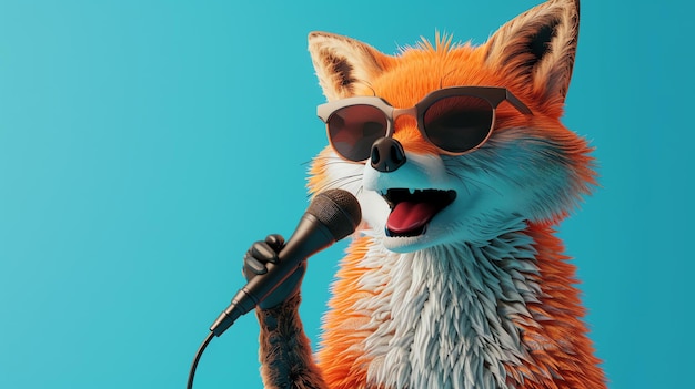 Photo a closeup of a red fox wearing sunglasses is singing into a microphone the fox has its mouth open and its eyes closed its fur is orange and white