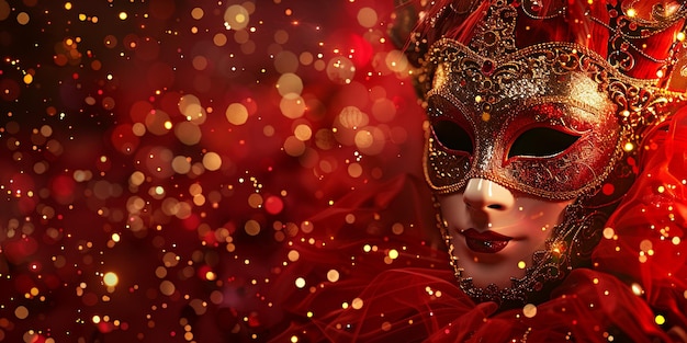 A closeup of a red and gold masquerade mask with sparkling lights in the background