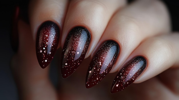 Photo closeup of red gradient nails with glitter