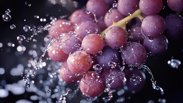 CloseUp of Red Grapes with Water Droplets and Splashes