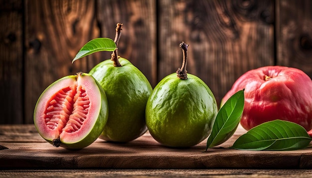 Photo closeup on red guava sliced with green leaf on rustic wooden table