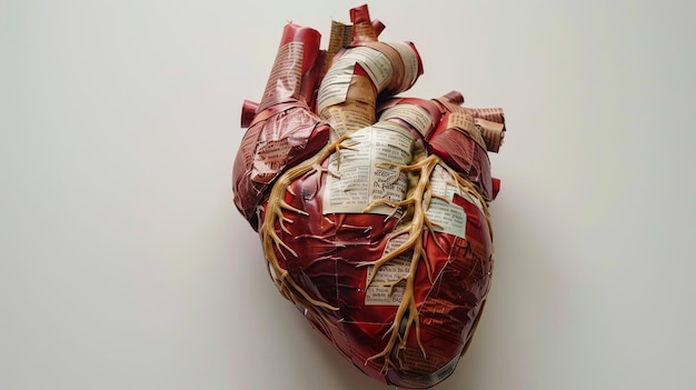 Closeup of a red heart sculpture covered in paper with visible arteries