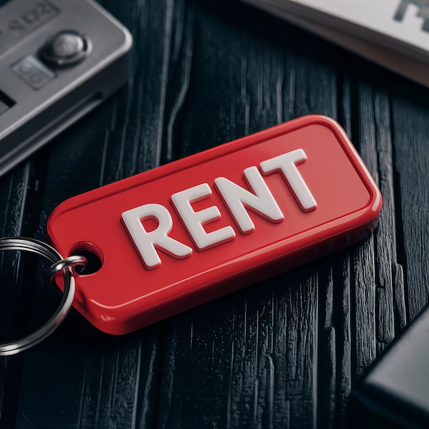 Photo closeup of a red key ring with the inscription rent