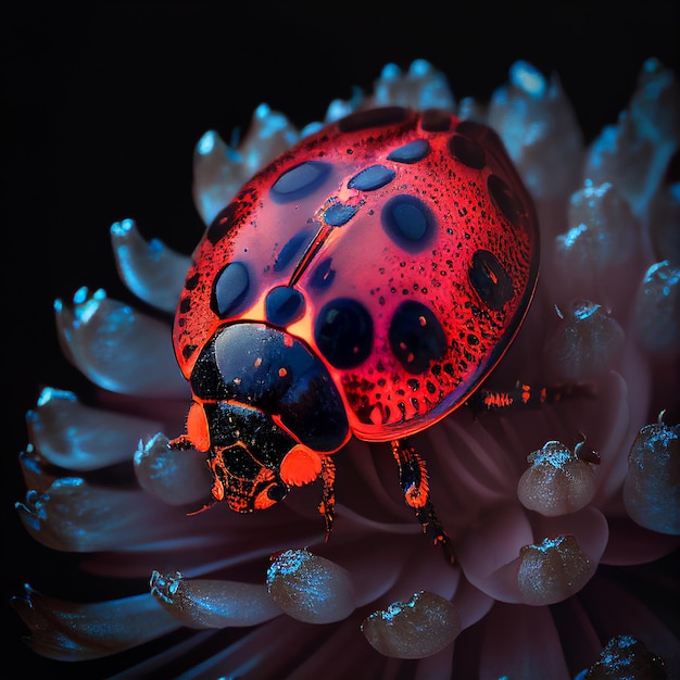 Closeup red ladybug on red flower blossom Created with Generative AI technology