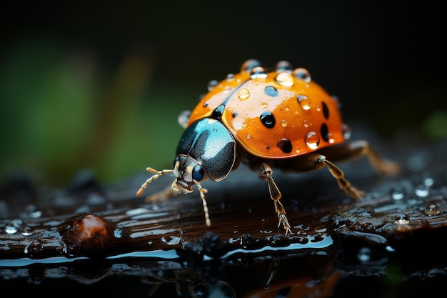 Closeup of a red ladybug sitting on a vibrant green leaf in the natural environment