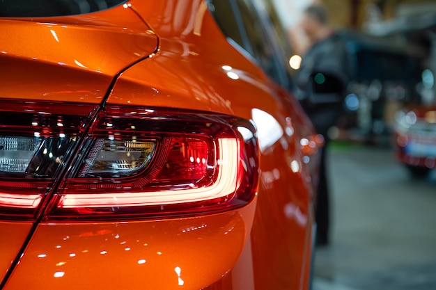 Closeup of a red led taillight on a modern car detail on the rear light of a car