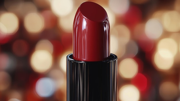 Photo closeup of red lipstick against blurred lights background beauty and fashion concept