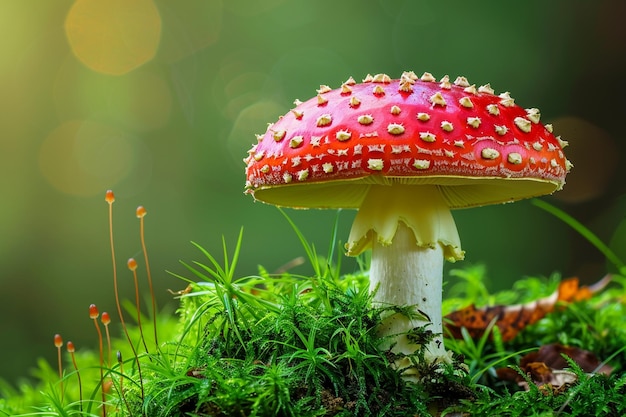 a closeup of a red mushroom growing among fallen leaves in autumn Ai photo