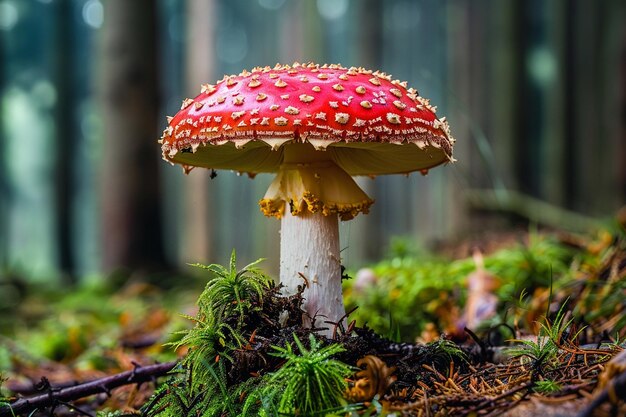 a closeup of a red mushroom with white dots Ai photo