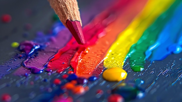 A closeup of a red pencil drawing on a rainbow of paint