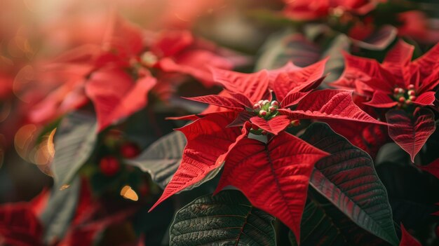 A closeup of red poinsettia flowers in full bloom adding holiday cheer