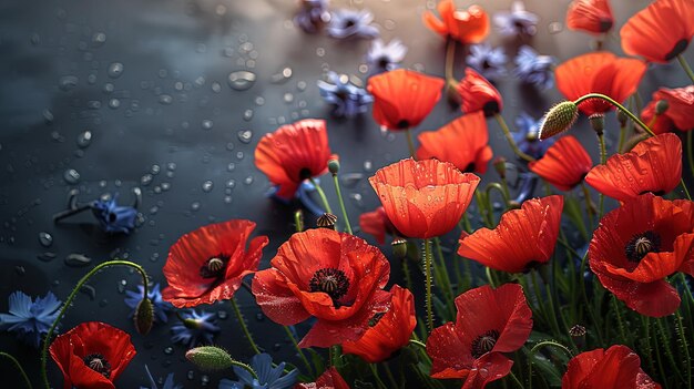 Closeup of red poppy flowers in morning dew on granite stone Template for a Memorial Day card